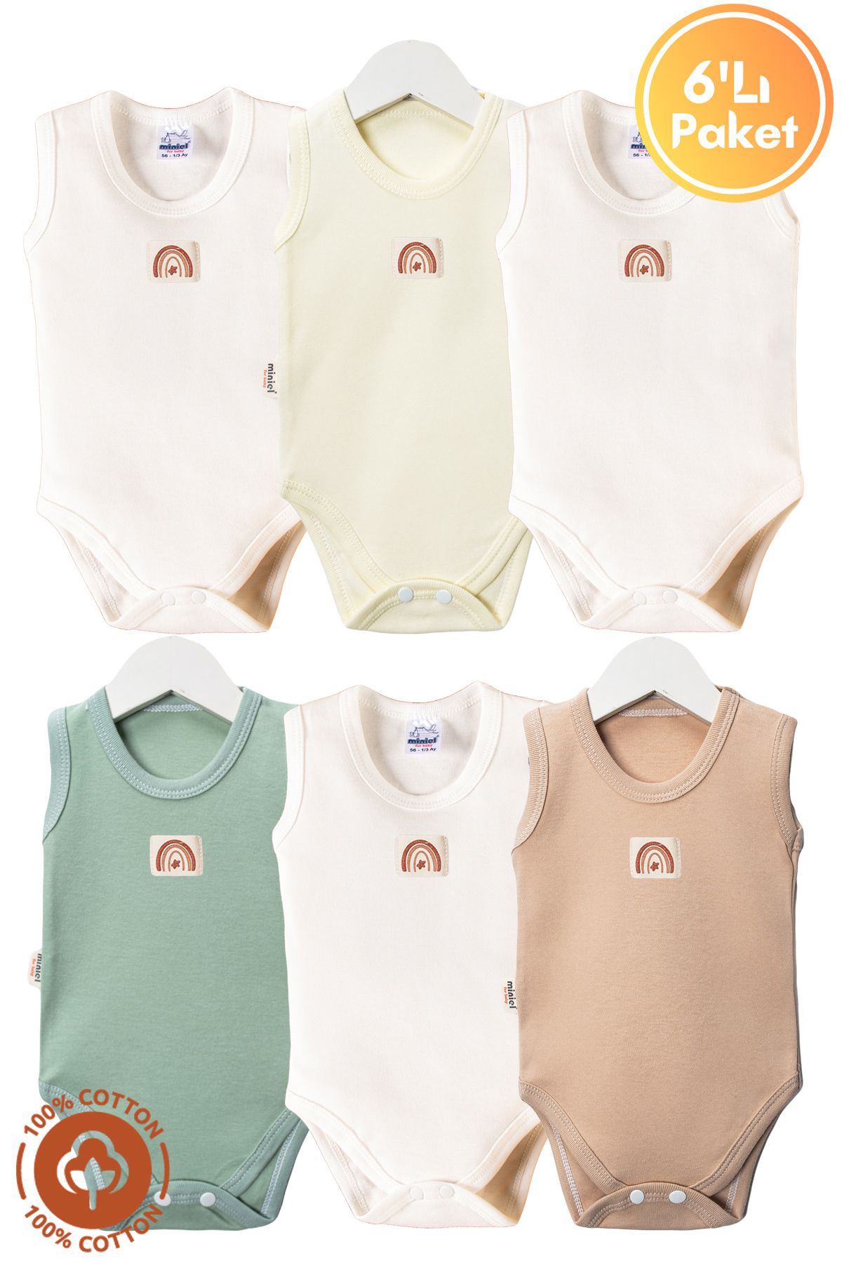 miniel organic Unisex Bebek %100 Organik Pamuklu Etiketli 3-6-9-12 Ay 6Lı Kolsuz Atlet Bebek Body Zıbın Set