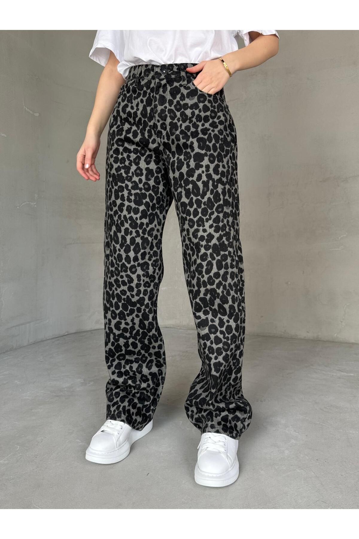 Cappmoda JEAN-08130 Füme Leopar Desenli Kot Kumaş Yüksek Bel Palazzo Jean
