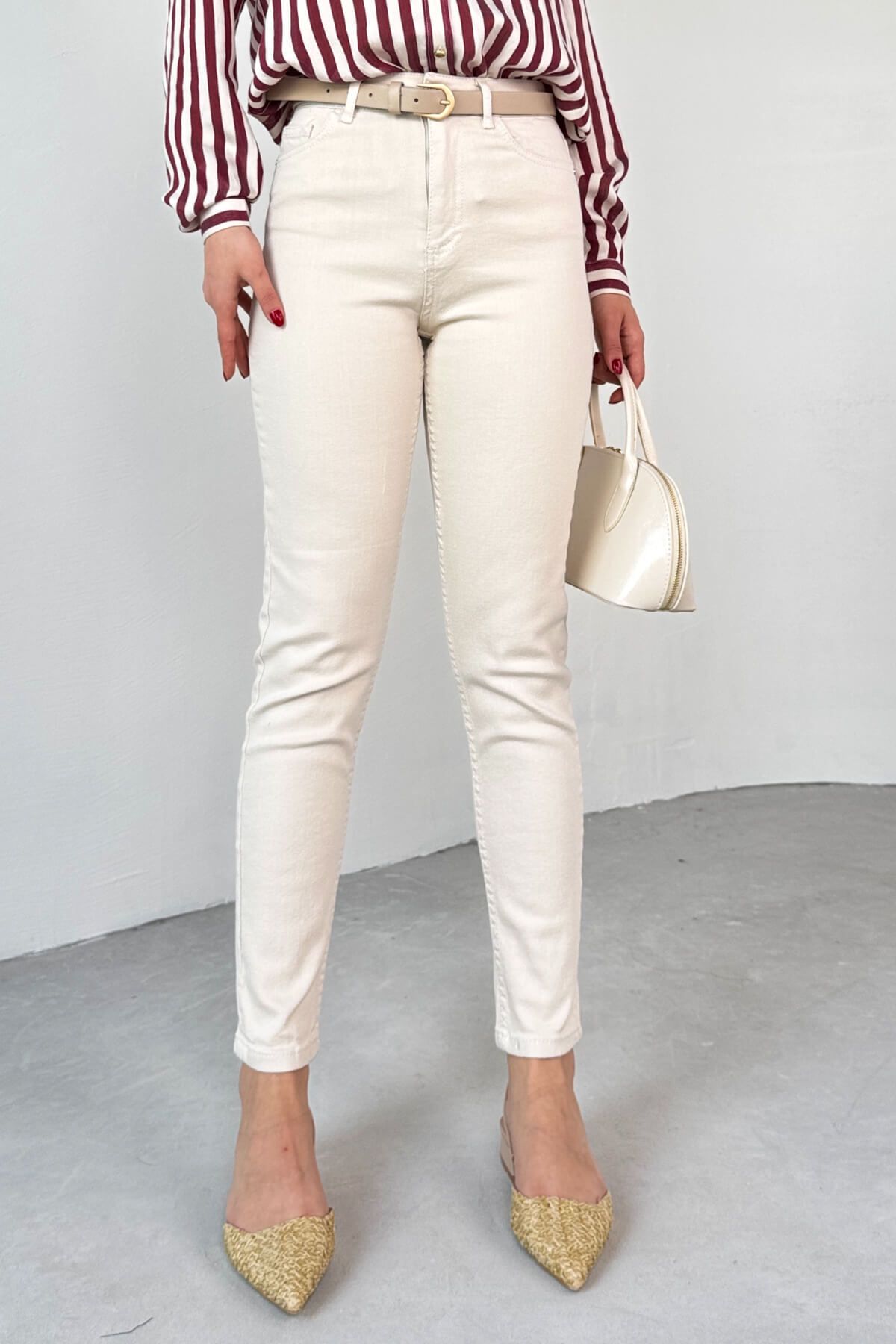 Cappmoda JEAN-08124 Krem Rengi Süper Kalıp Momfit Jean