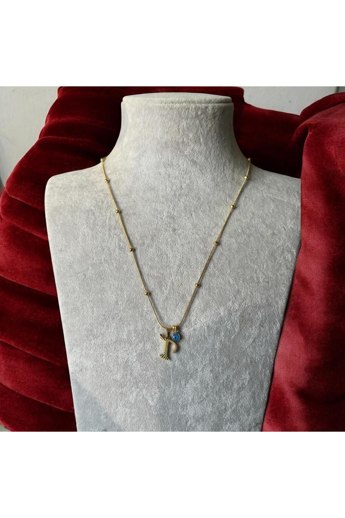 Kırmızı Sanat Evi Gold Çelik T Harfli Nazar Boncuklu Kolye
