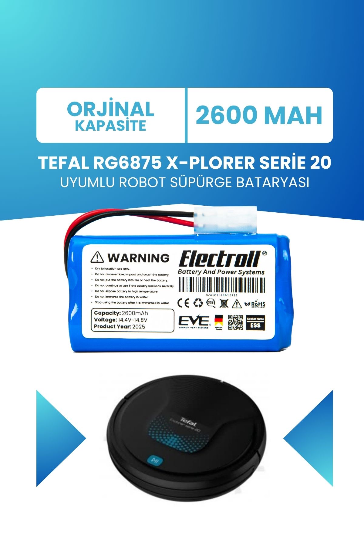 ELECTROLL Tefal RG6875 X-Plorer Serie 20 Uyumlu Batarya (STANDART KAPASİTE) 2600mah Robot Süpürge Bataryası