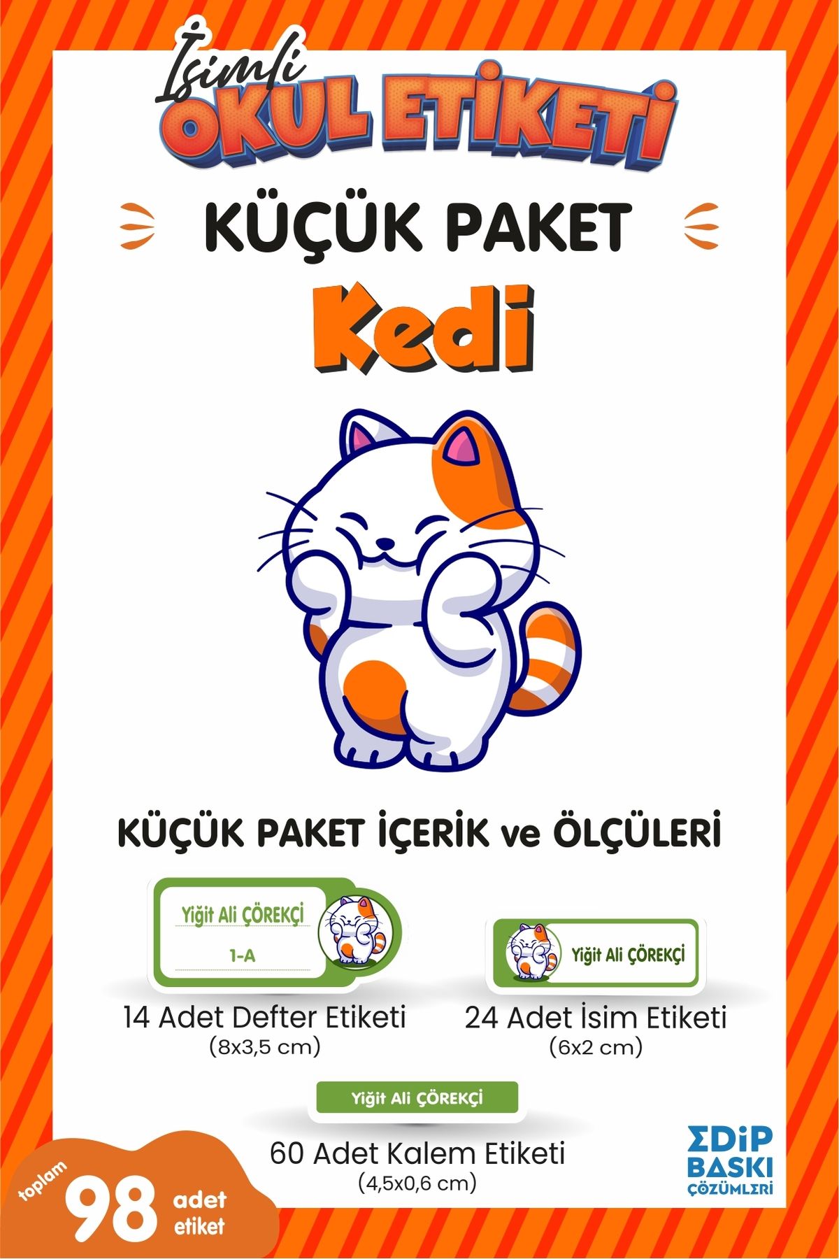 EDİP BASKI MERKEZİ İsimli okul etiketi KEDİ Defter, kitap ve kalem etiketi Küçük Paket