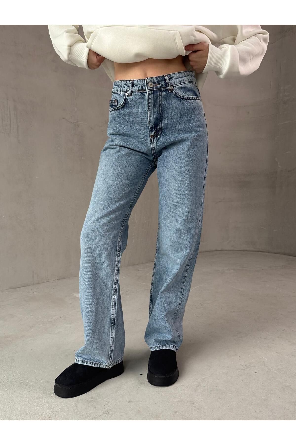 Cappmoda JEAN-08127 Buz Mavisi Kot Kumaş Yüksek Bel Palazzo Jean
