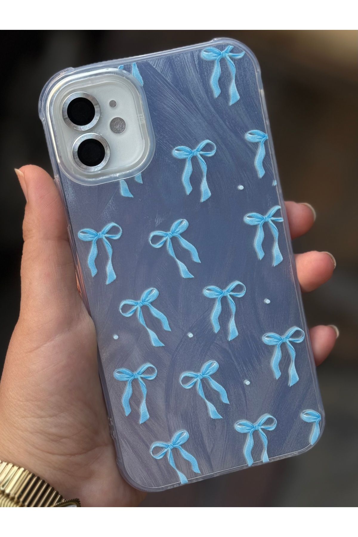 Caseji Iphone 11 Uyumlu Mavi Kurdele Detaylı Epoksili Simli Parlak Kılıf