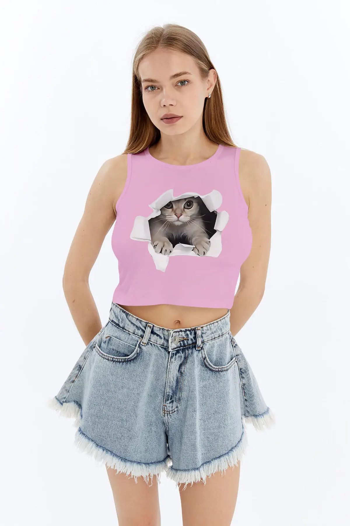 MYFORA Kedicik Desenli Viskon Kadın Crop Tişört