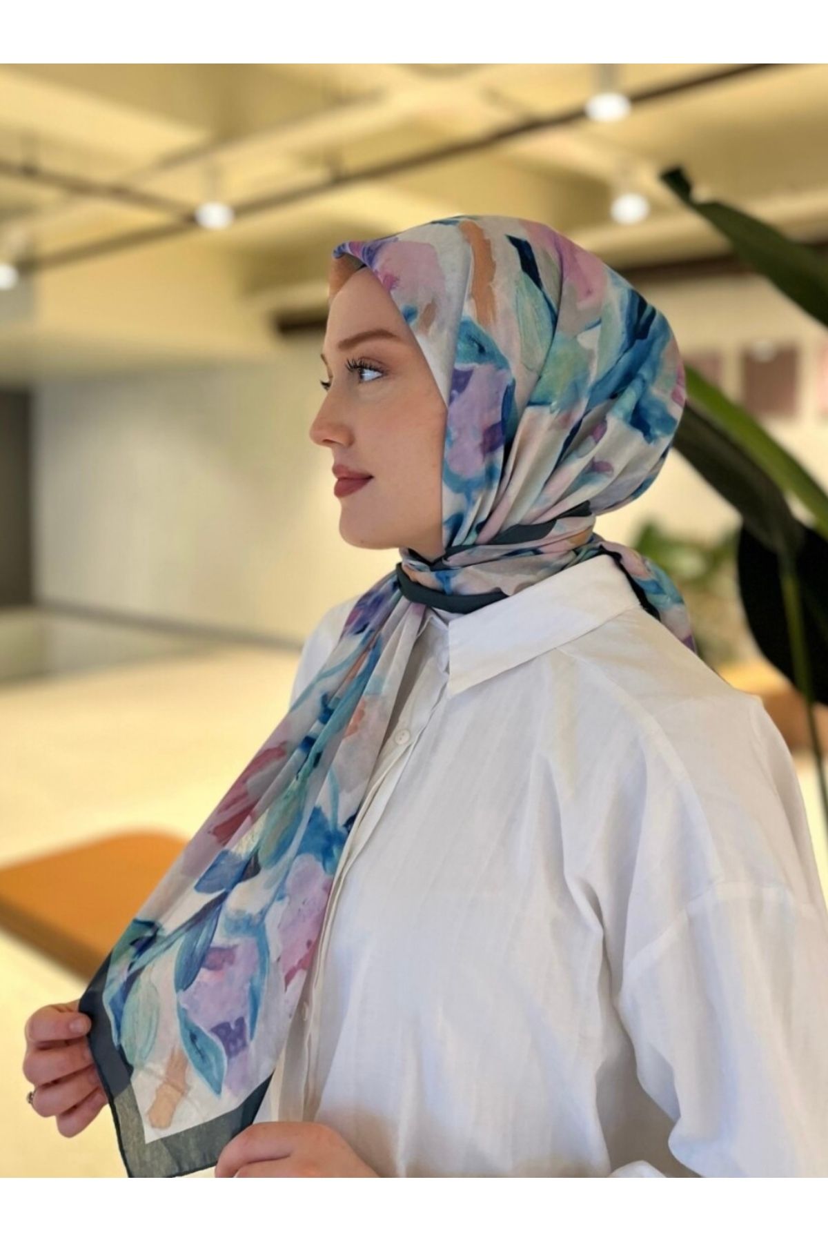lune FLORAL ZÜMRÜT MAVİ EŞARP