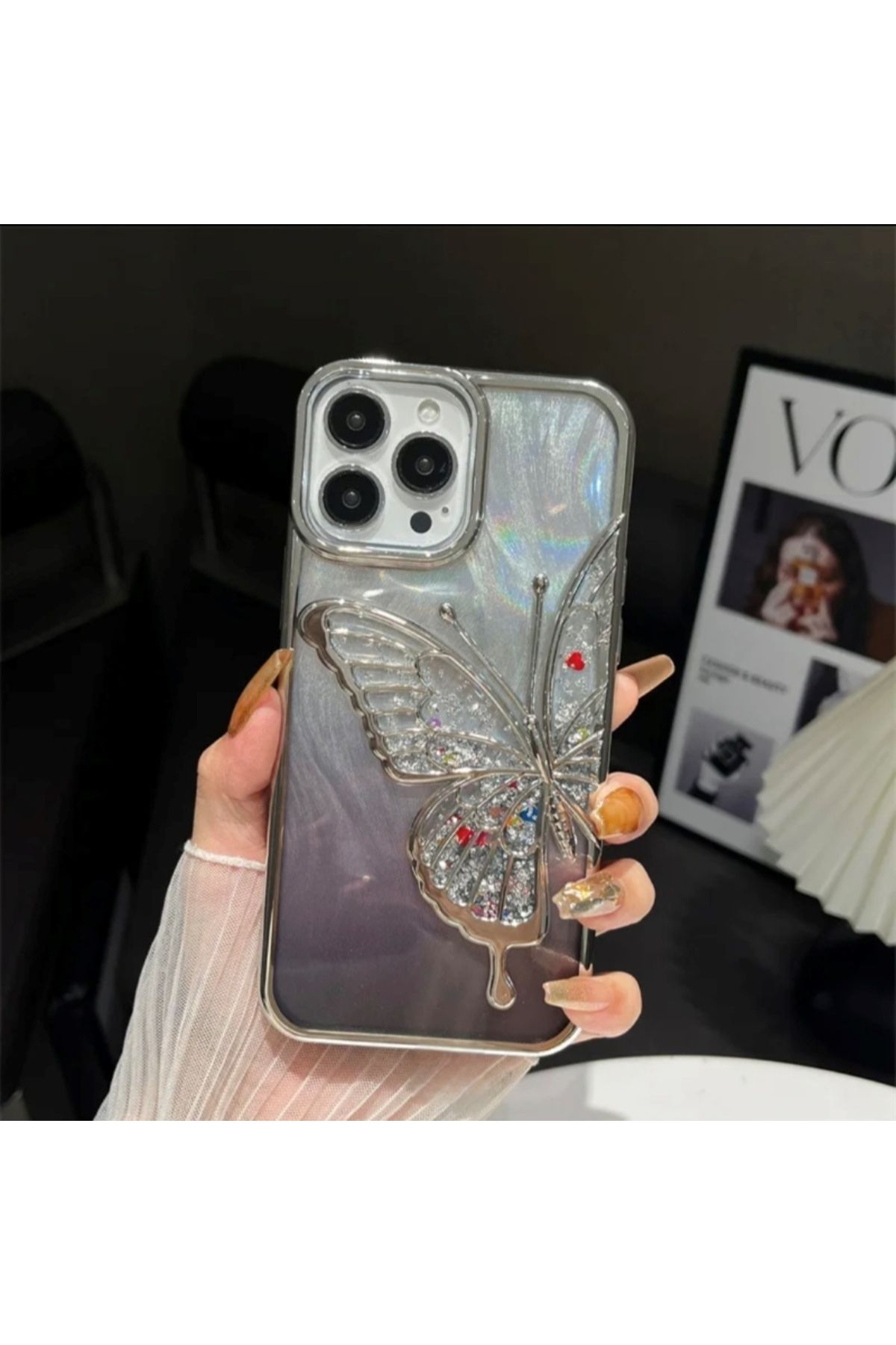Techno iPhone 14 Pro Max Uyumlu 3D Kelebekli Hareketli Sulu Simli Kamera Koruma Çıkıntılı Lüks Kılıf