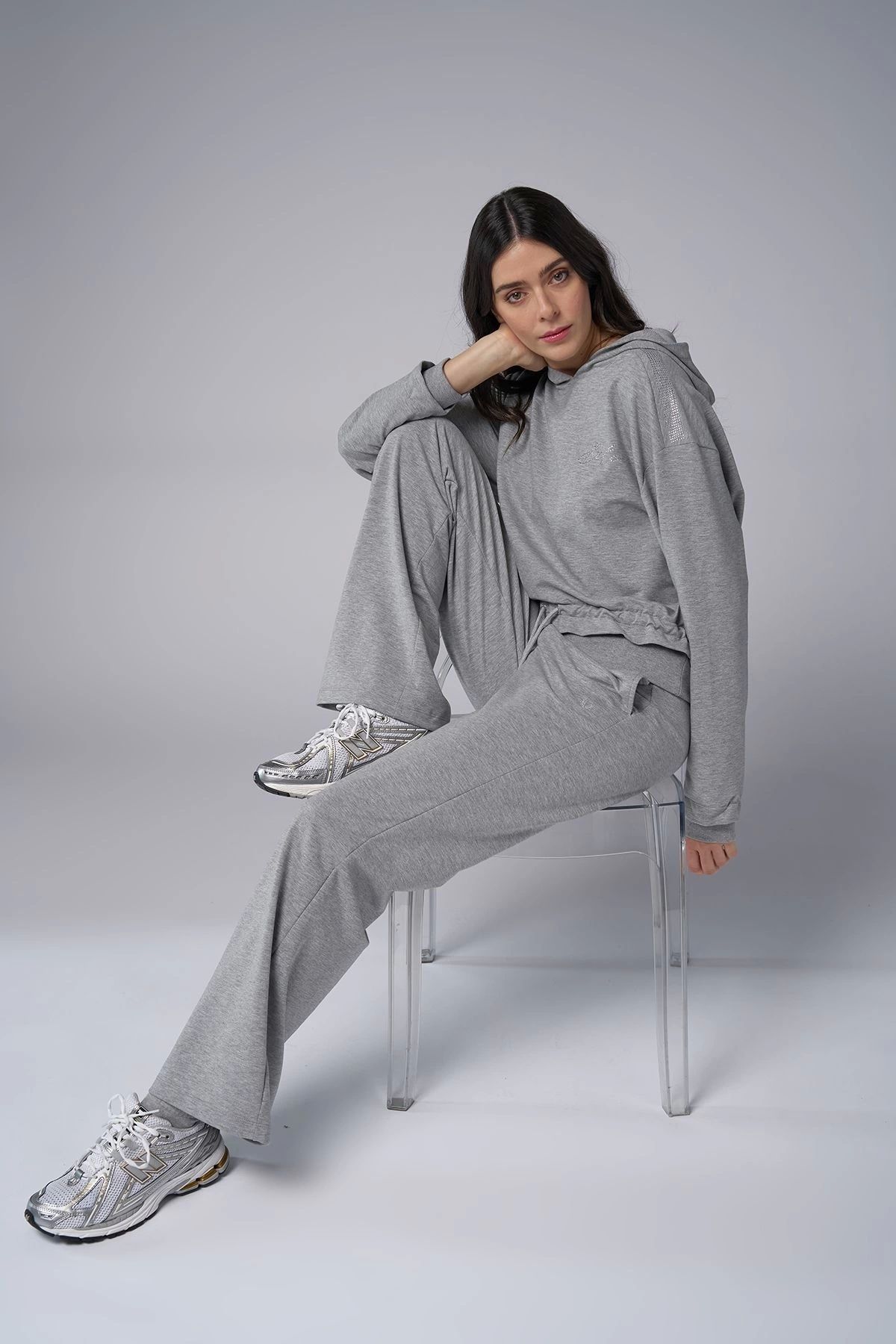 aradimtaradim Kadın Gri Melanj Taş Baskılı Sweatshırt Pantolon Takım 4043