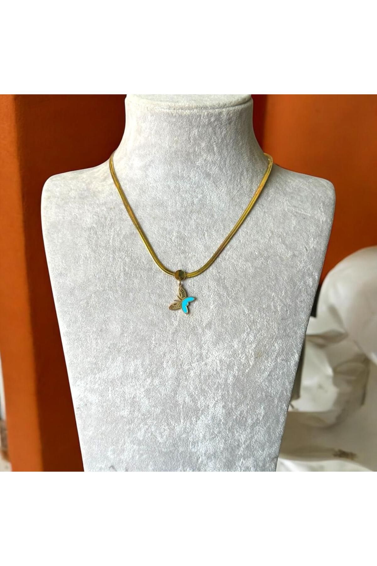 Kırmızı Sanat Evi Çelik Kelebek Uçlu Gold Kolye