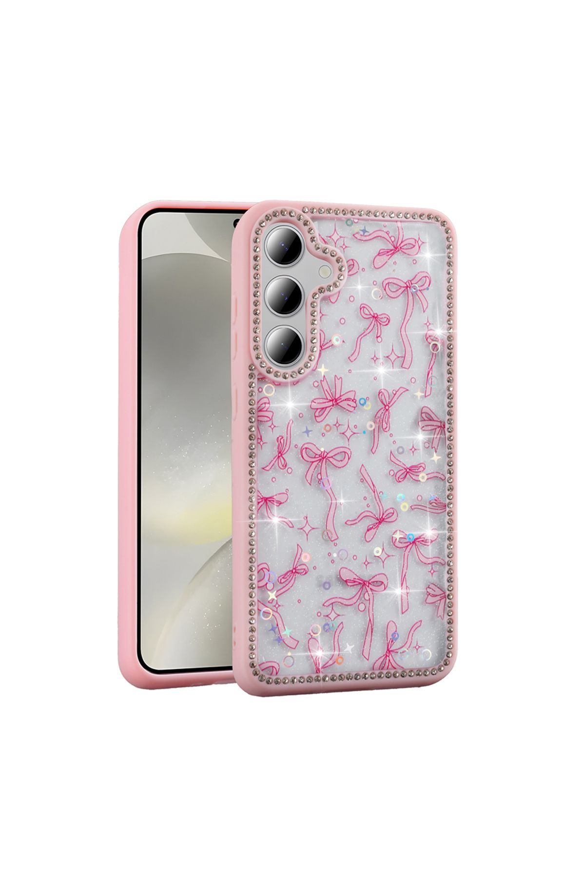 m.tk moveteck Samsung Galaxy A26 Kılıf Kelebek Pink Fiyonk Desenli Yumuşak Simli Taşlı Kenarlı Kamera Korumalı