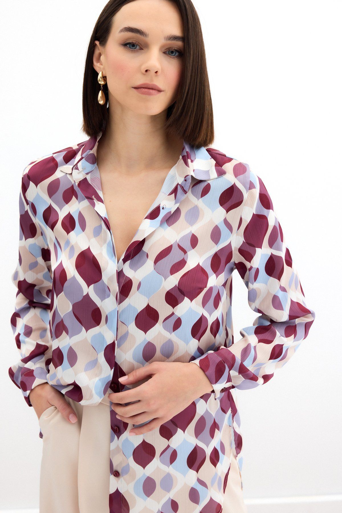 Sateen Desenli Klasik Gömlek - Bordo