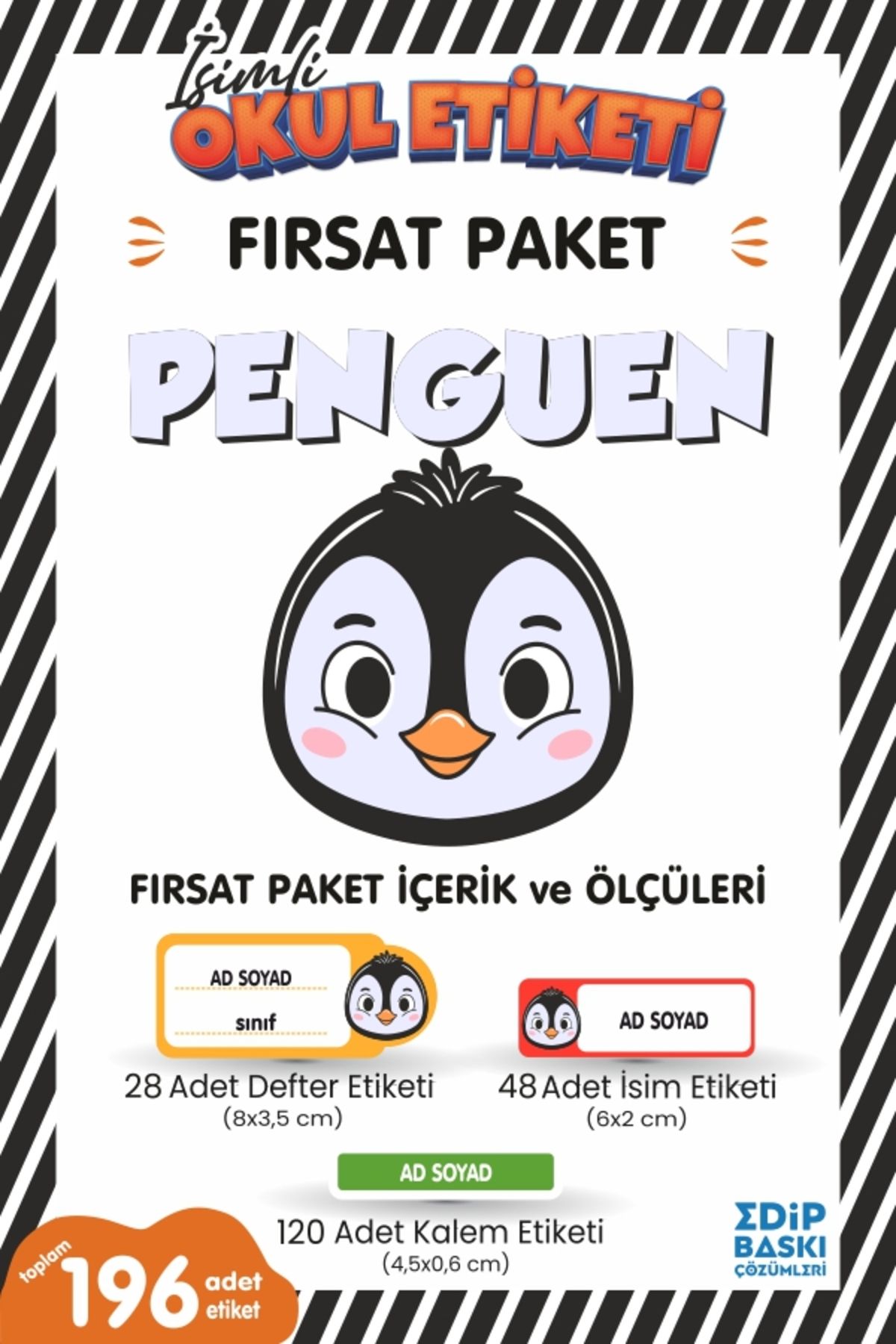 EDİP BASKI MERKEZİ İsimli okul etiketi PENGUEN Defter, kitap ve kalem etiketi FIRSAT Paket