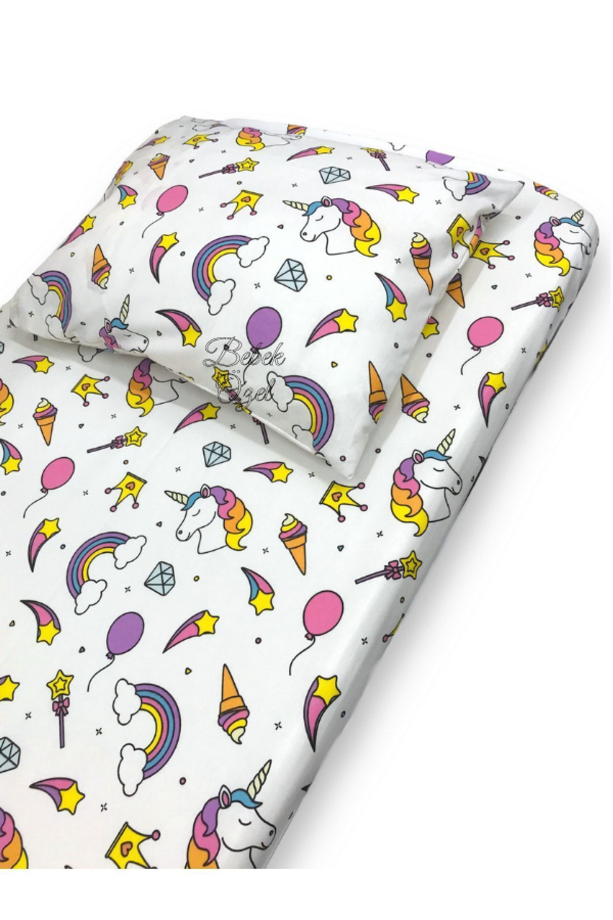 Bebek Özel %100 Pamuklu Bebek Ve Çocuk Lastikli Çarşaf Ve Yastık Kılıfı 60x120 Beyaz Unicorn Desenli