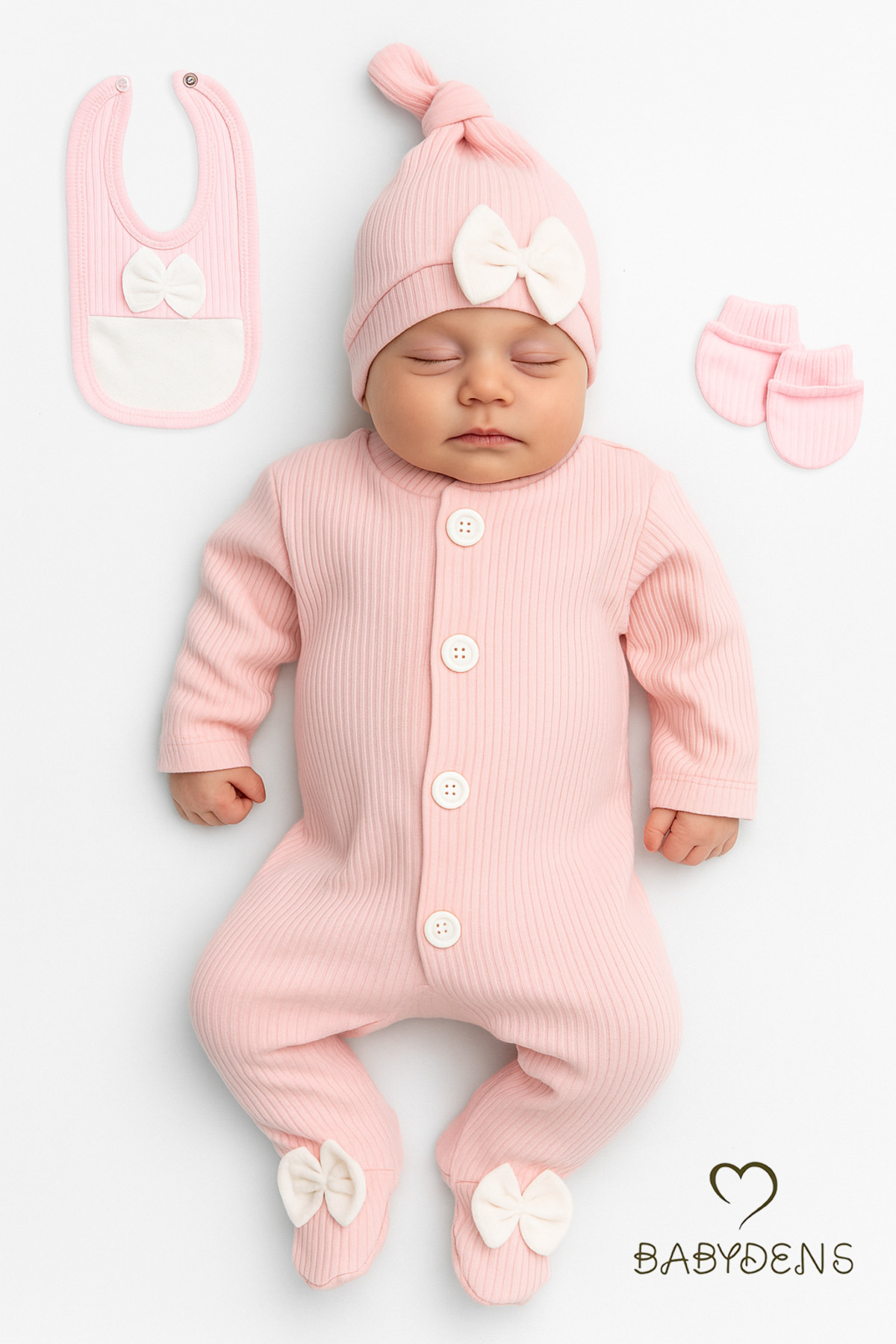 BABYDEN'S 4 'lü Kız Bebek Fitilli Yenidoğan Bebek Tulum Seti %100 Pamuklu Hastane Çıkışı fotoğrafı 3 (önizleme)