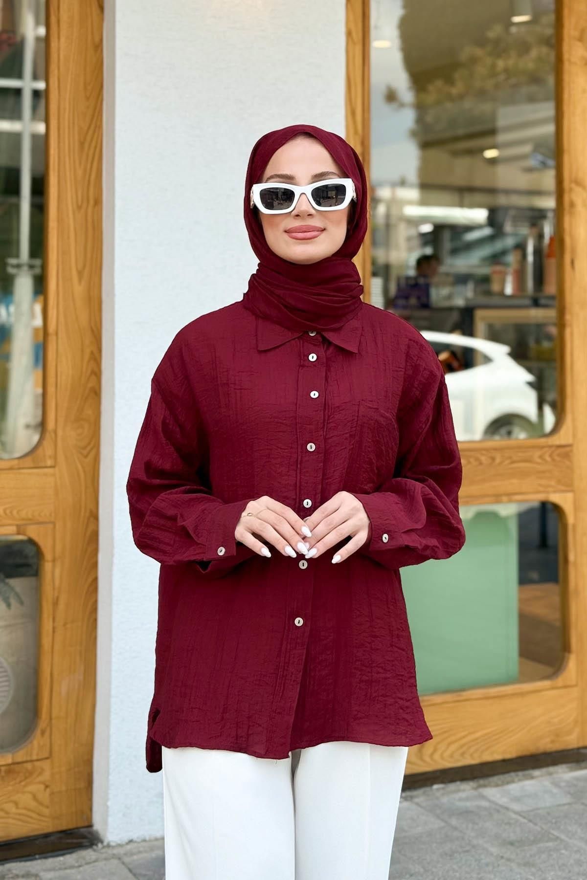 MERVE KAYKISIZ Oversize Viskon Gömlek Kırmızı