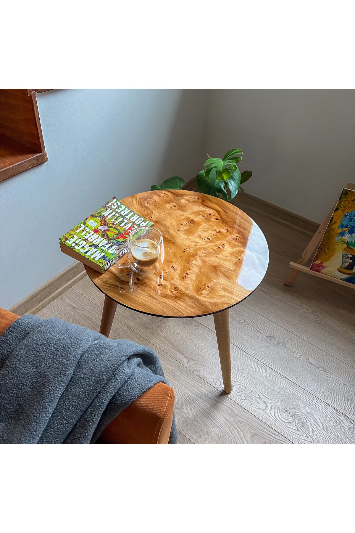 hwcfurniture Doğal Kök Kaplama Yuvarlak Sehpa 50cm - Parlak Cilalı Yan Sehpa