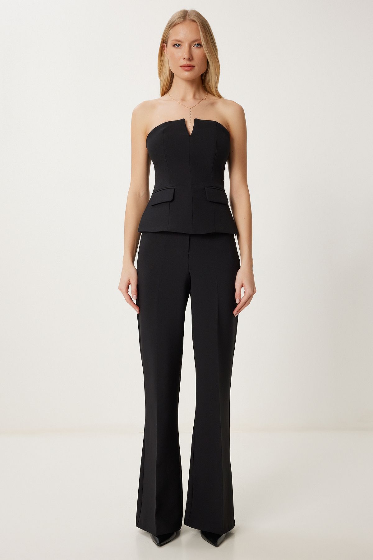 Lovelyİstanbul Straplez Dokuma Bluz Pantolon Takım SİYAH LFK0010