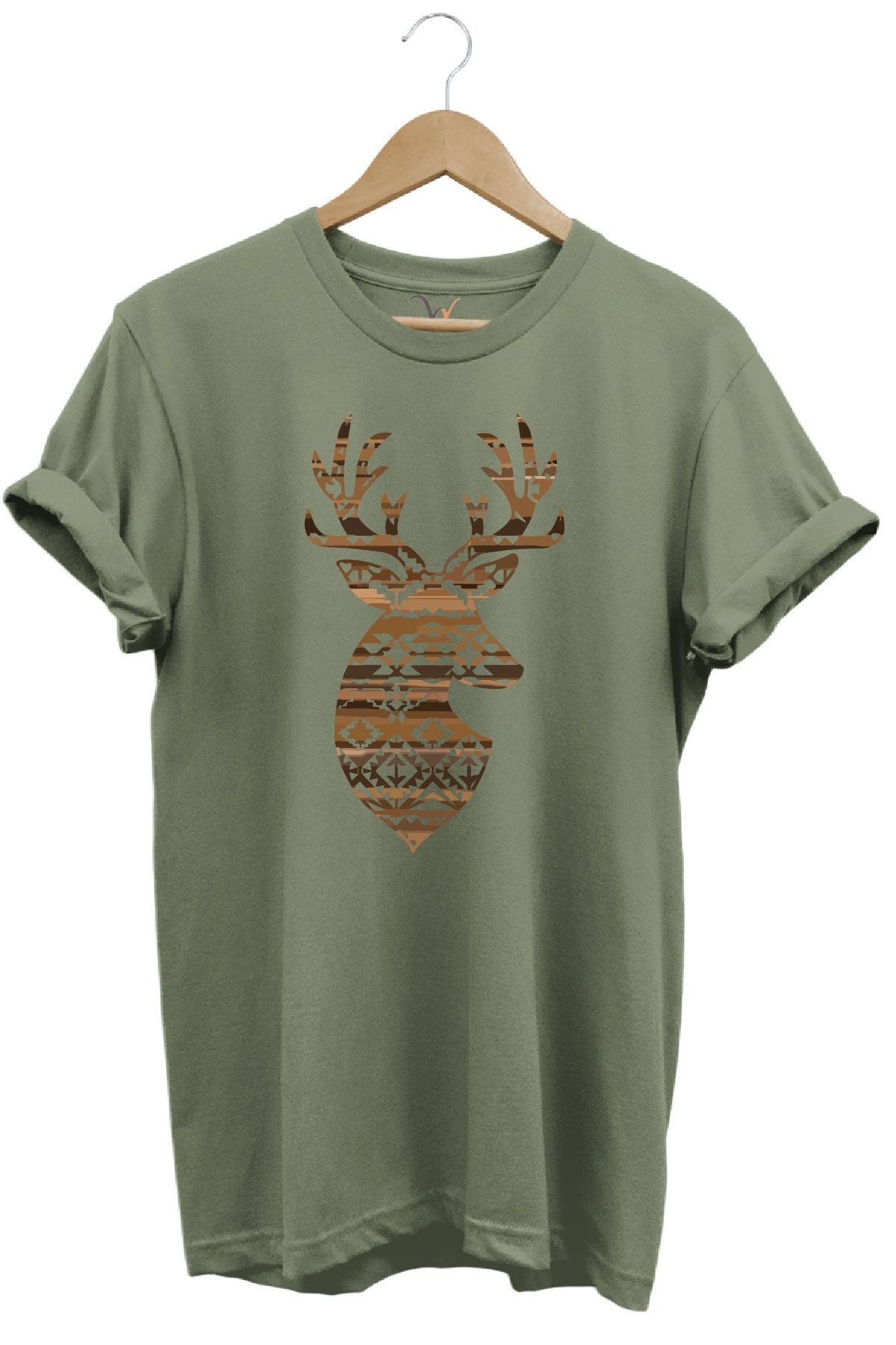 WİDİ Avcılık Mozaik Desenli Geyik Tasarım Baskılı %100 Pamuk Regular Fit Bisiklet Yaka Premium T-Shirt