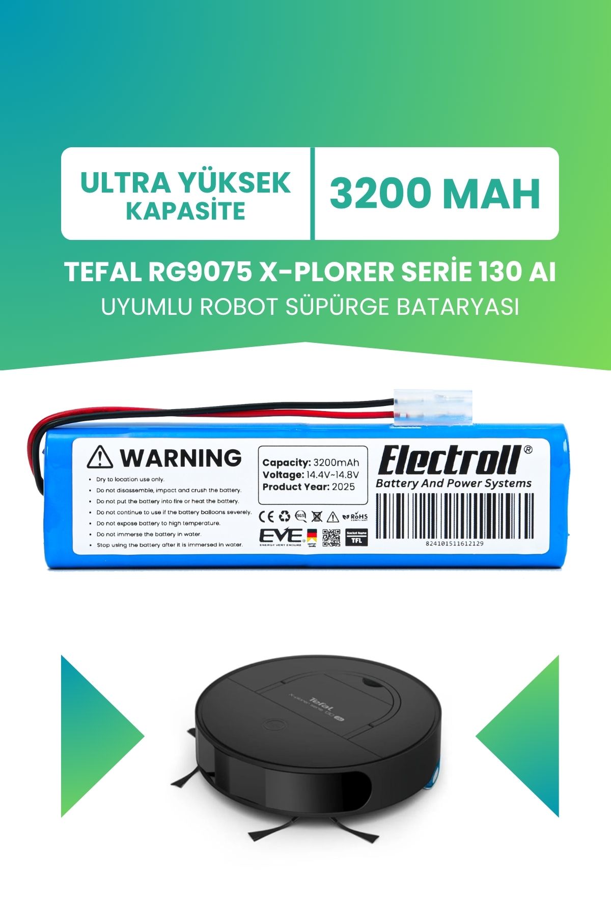 ELECTROLL Tefal RG9075 X-Plorer Serie 130 AI Uyumlu Batarya (ULTRA YÜKSEK KAPASİTE) 3200mah Robot Süpürge Pil