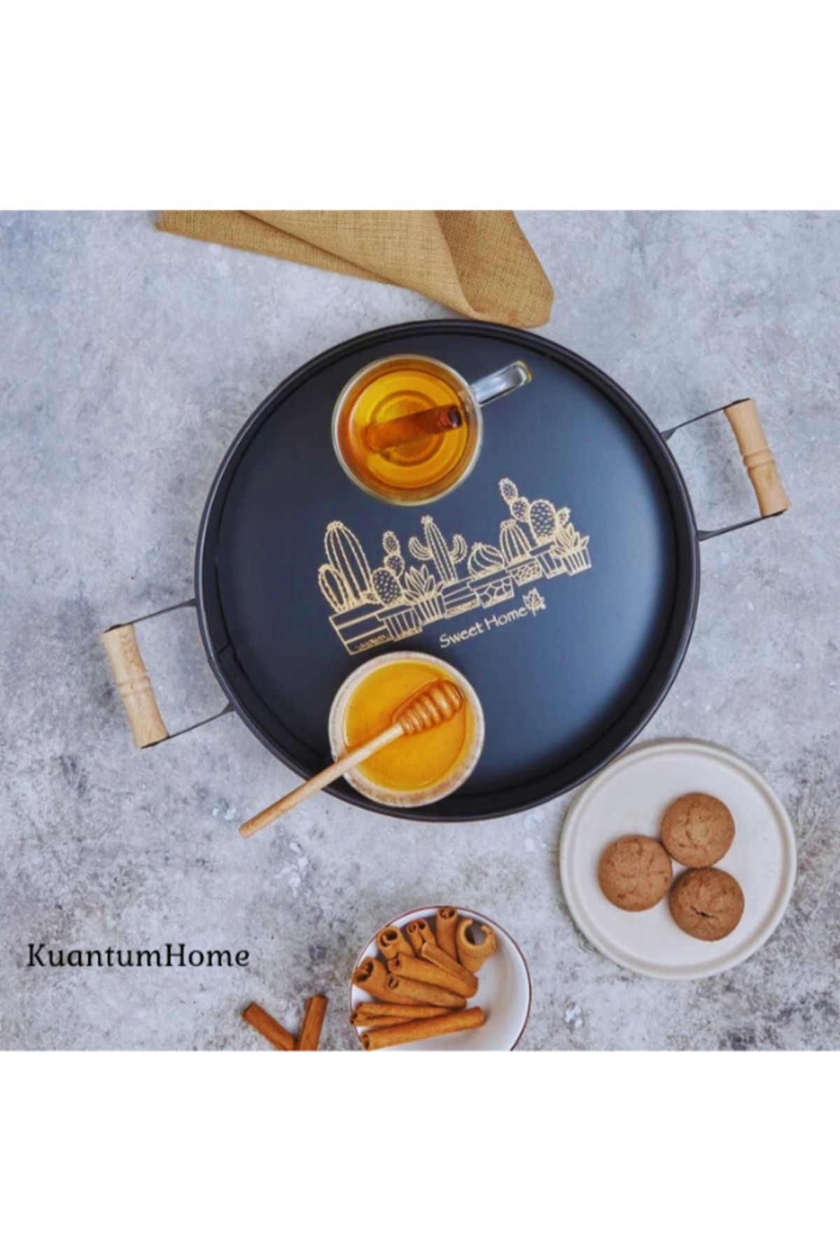 KuantumHome Sweet Home Kaktüs Baskılı Özel Ahşap Kulplu Siyah Metal Sunum Tepsi,Dekoratif Tepsi
