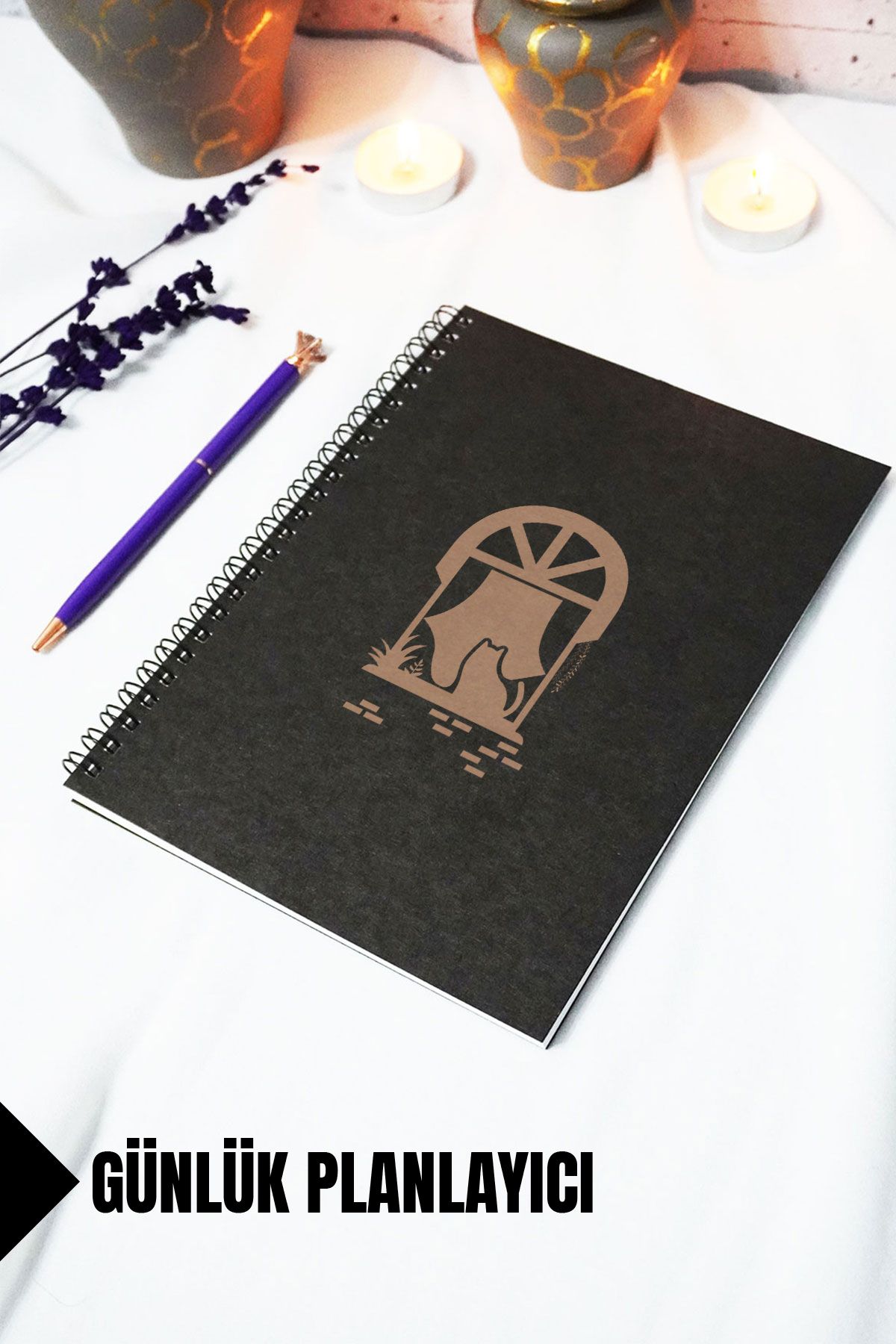 markcat A5 Kedi Temalı Siyah Kraft Kapaklı Defter - Günlük Planlayıcı - 45 Yaprak (90 SAYFA) 15x21 Cm