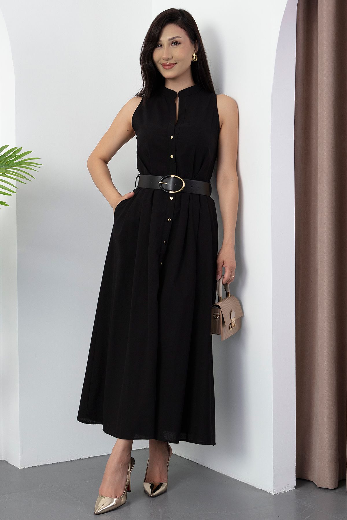 PULLIMM-Rochie de damă cu curea din piele cu nasturi GRS3747 4
