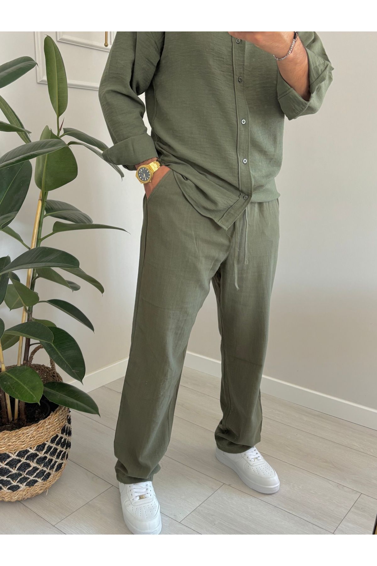 ONUR ERBİL MODA Erkek Zeytin Yeşili Keten Pantolon - Rahat Günlük Giyim