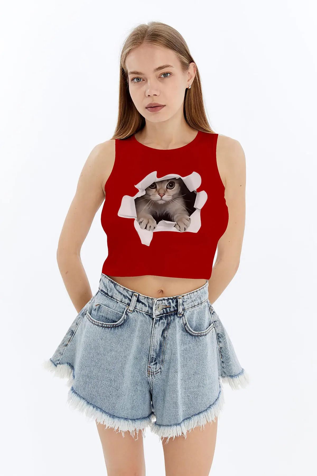 MYFORA Kedicik Desenli Viskon Kadın Crop Tişört
