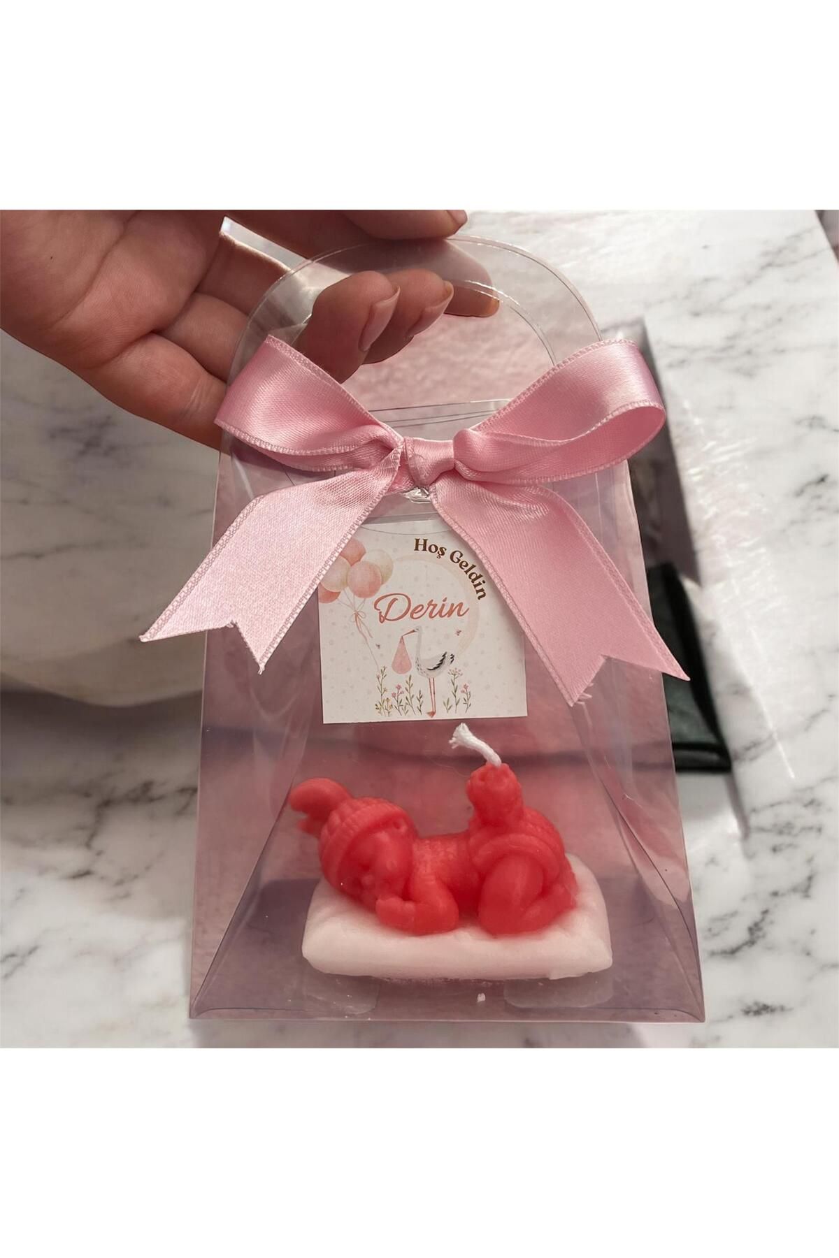 Luna Events Süslü Şeffaf Asetat Çantada Kişiye Özel Renkli Hoşgeldin Bebek Mum Hediyelik