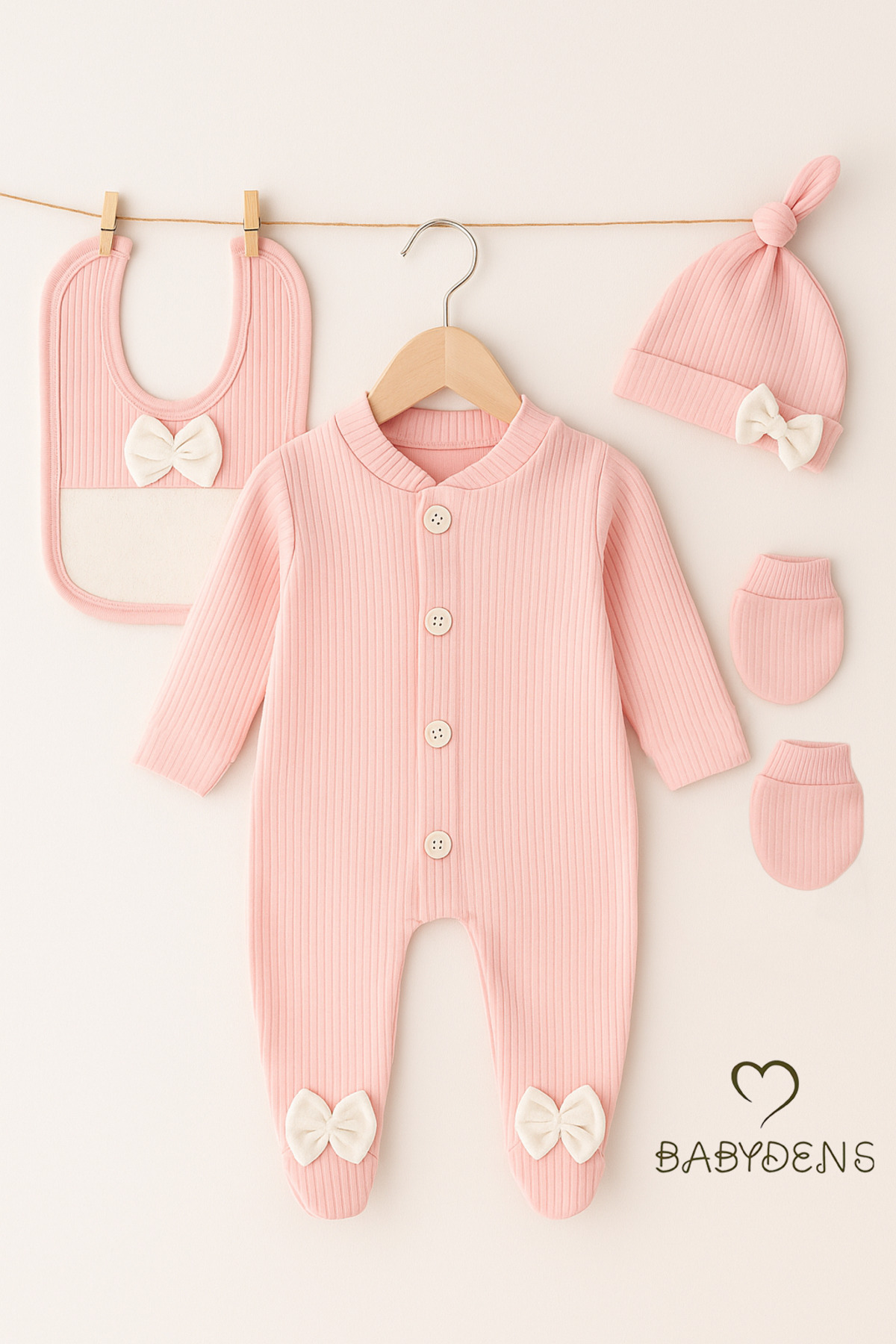 BABYDEN'S 4 'lü Kız Bebek Fitilli Yenidoğan Bebek Tulum Seti %100 Pamuklu Hastane Çıkışı fotoğrafı 4 (önizleme)