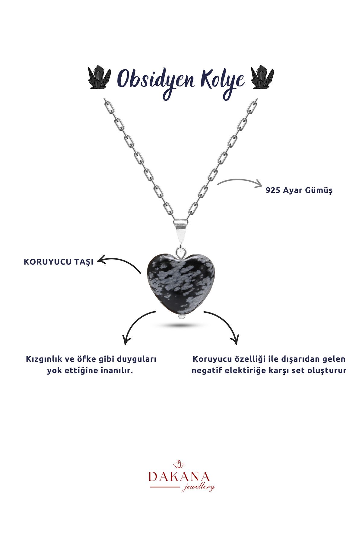 DAKANA JEWELLERY Sertifikalı Kalp Kesim Obsidyen Doğal Taş Gümüş Kolye