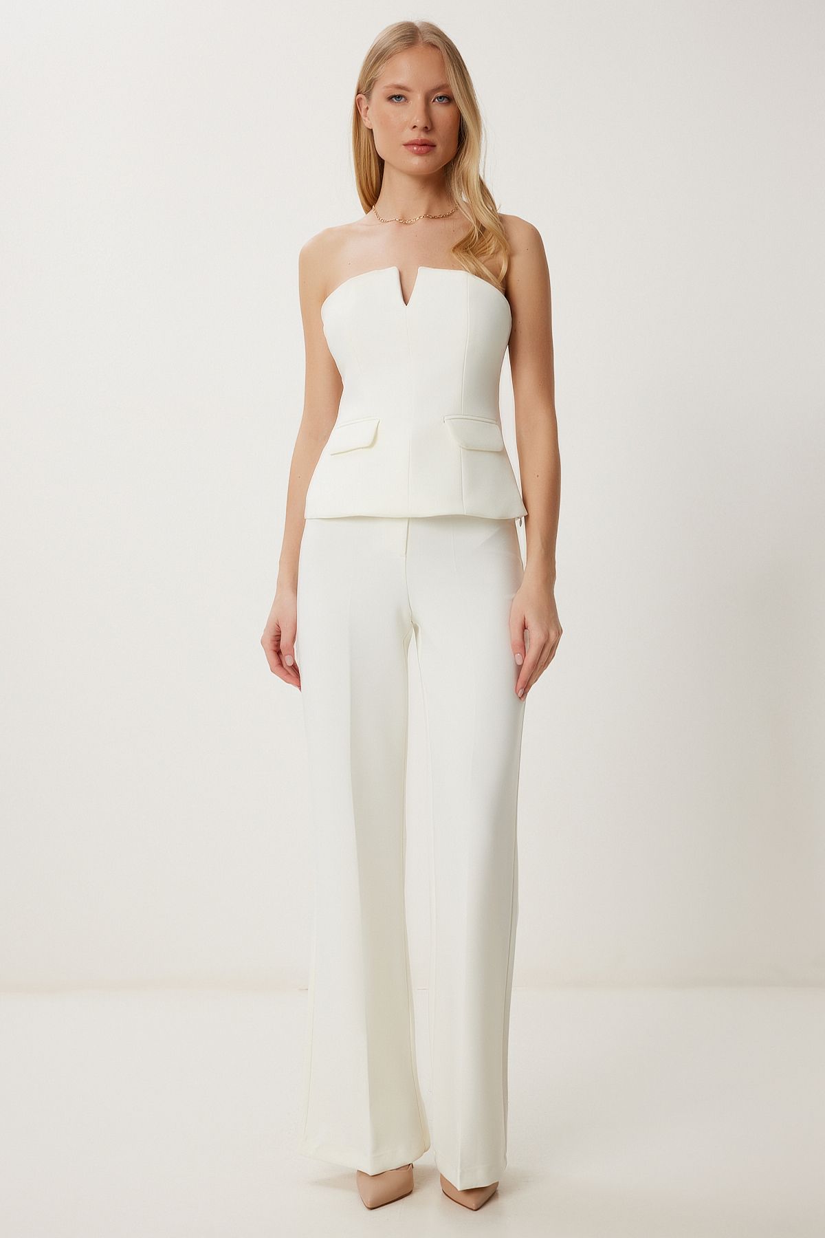 Lovelyİstanbul Straplez Dokuma Bluz Pantolon Takım KEMİK LFK0010