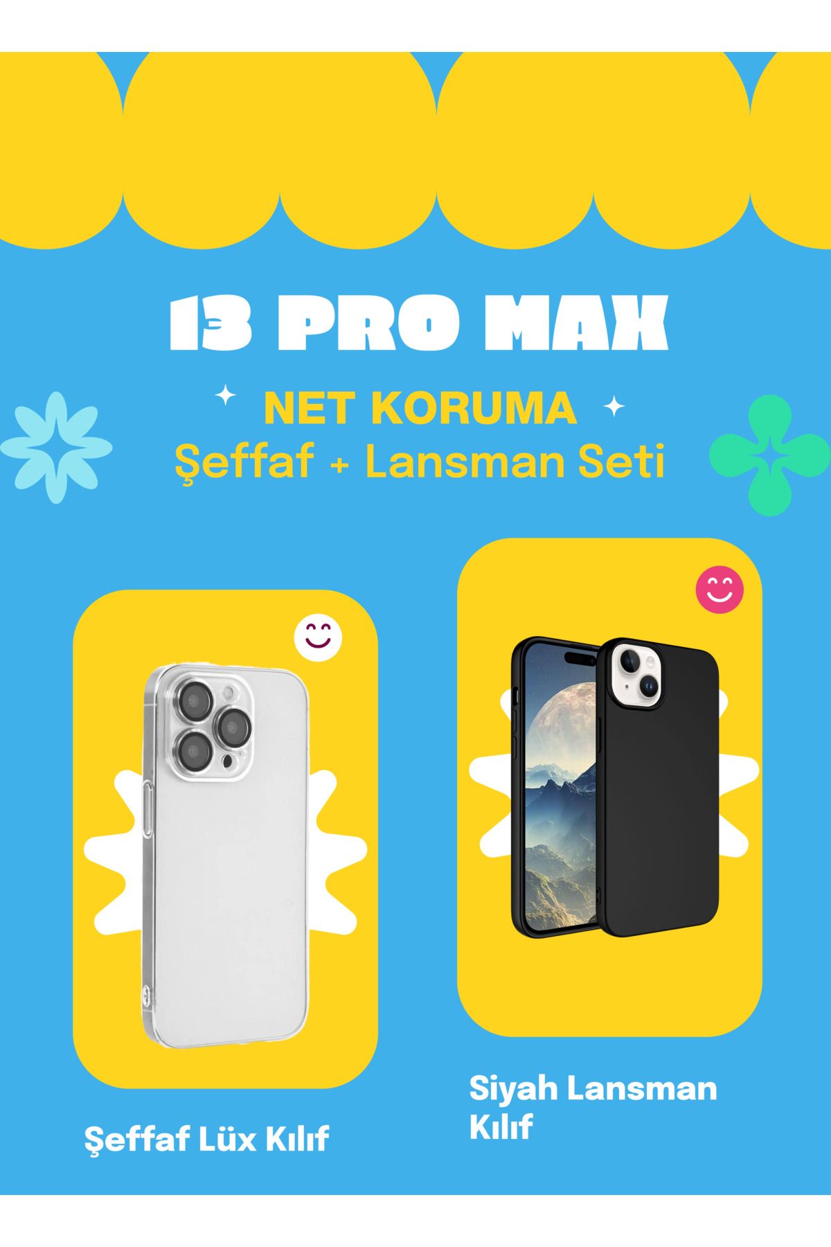 Di Aksesuar 13 Pro Max Lüx Şeffaf Kılıf + 13 Pro Max Siyah Lansman Kılıf