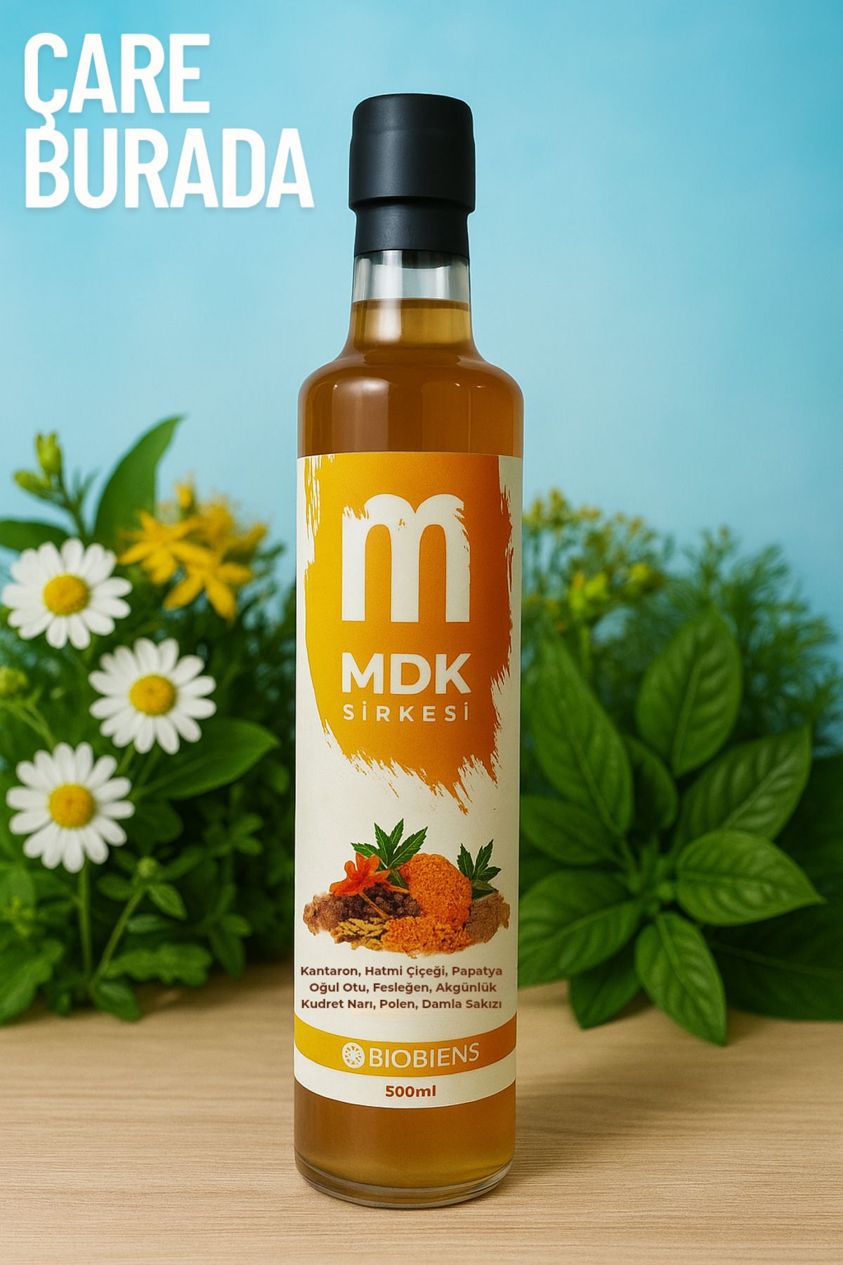 Çare Burada Kantaron & Hatmi Çiçeği Sirkesi 500 ml (Oğul Otu, Polen, Kudret Narı)