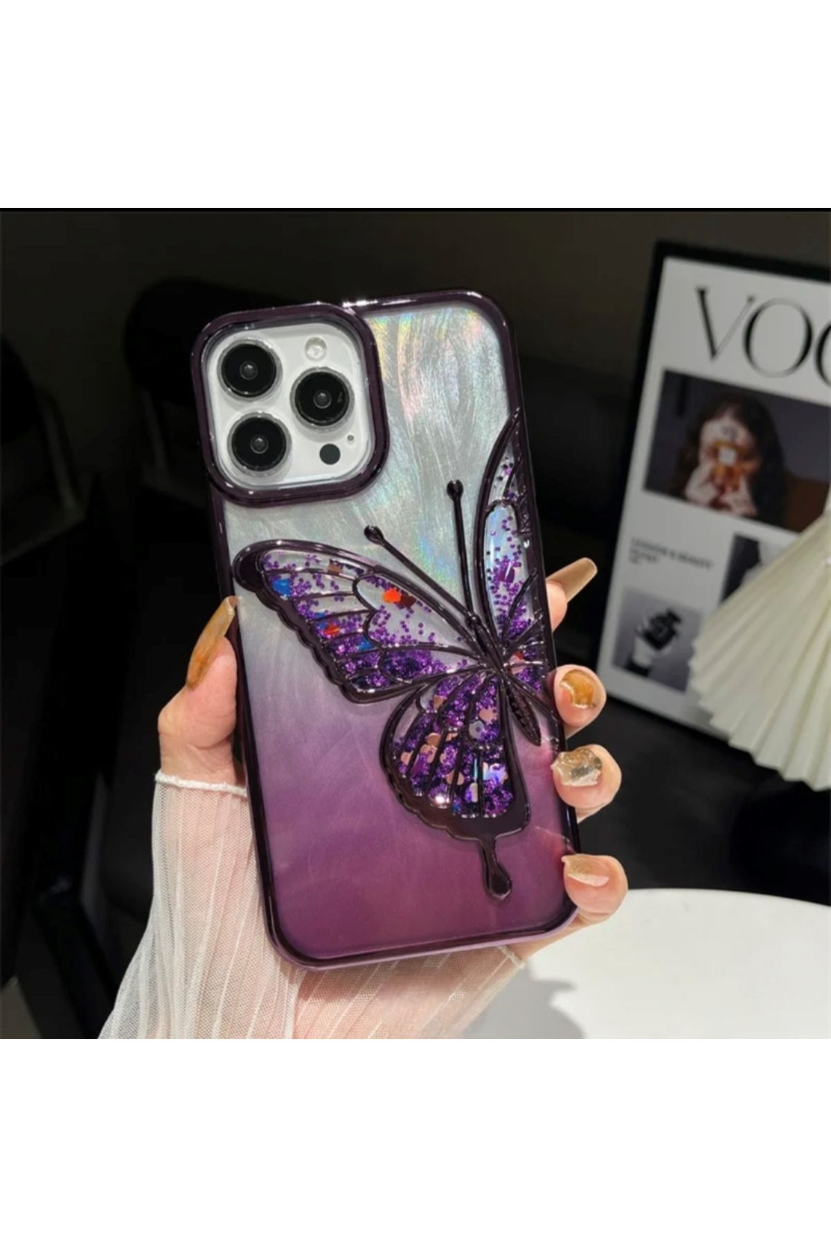 Techno iPhone 14 Pro Max Uyumlu 3D Kelebekli Hareketli Sulu Simli Kamera Koruma Çıkıntılı Lüks Kılıf