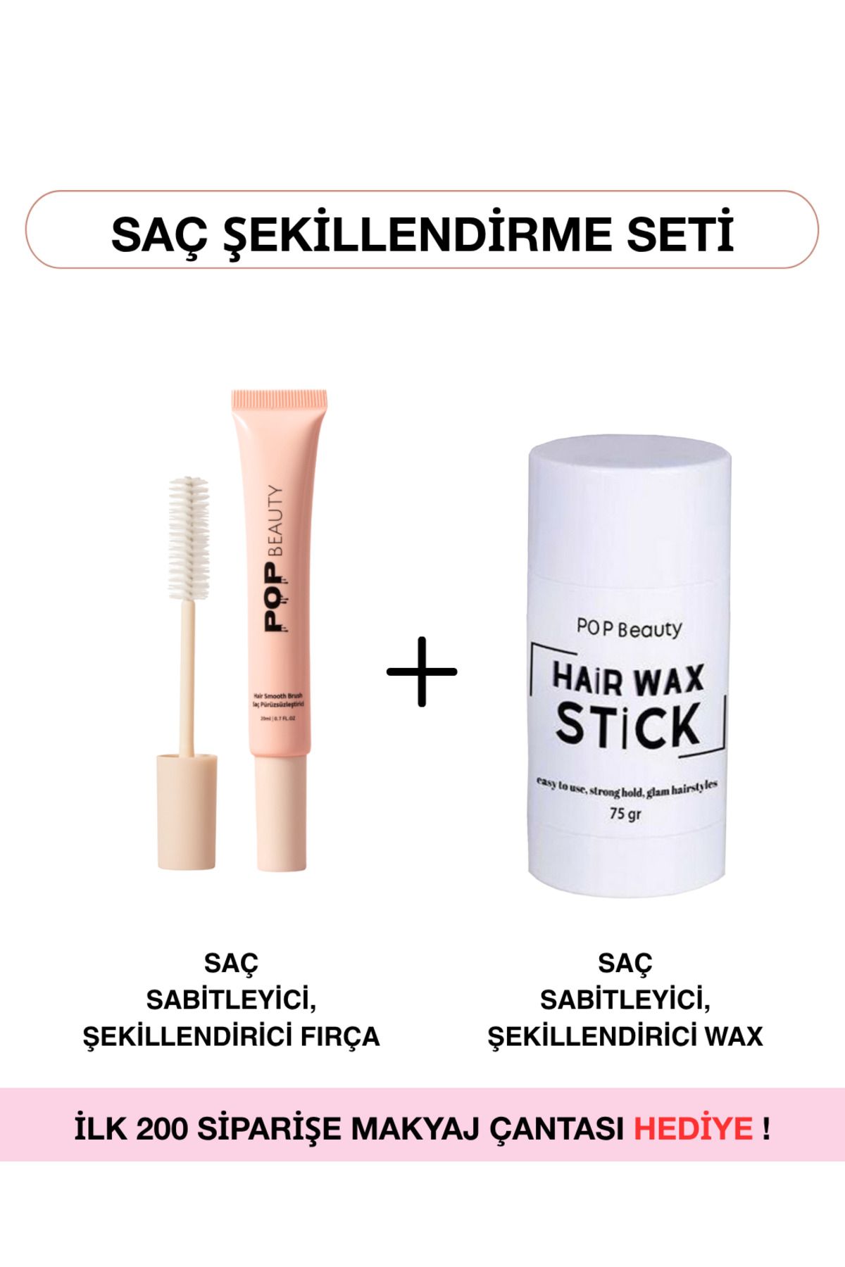POP Beauty Saç Sabitleyici & Şekillendirici Wax, Fırça Seti (Saç Pürüzsüzleştirici, Stick Saç Waxı)
