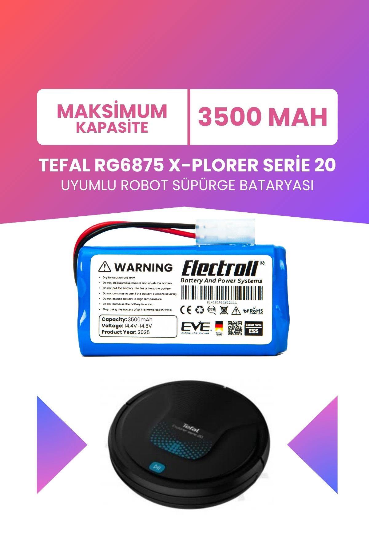 ELECTROLL Tefal RG6875 X-Plorer Serie 20 Uyumlu Batarya (MAKSİMUM KAPASİTE) 3500mah Pil Robot Süpürge Batarya