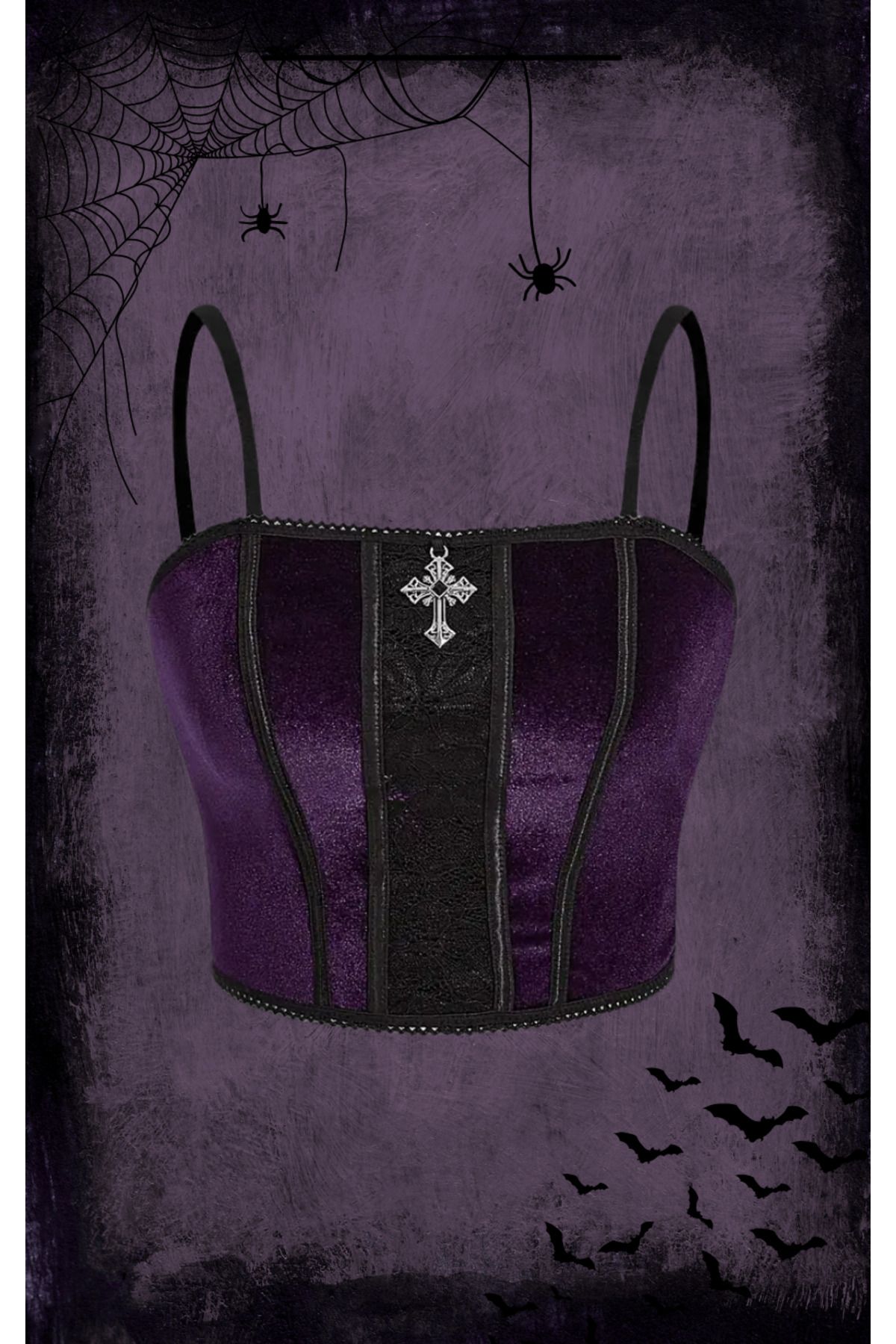 Mournbelle Gotik Ayarlanabilir Askılı Kadife Mor Crop Bluz