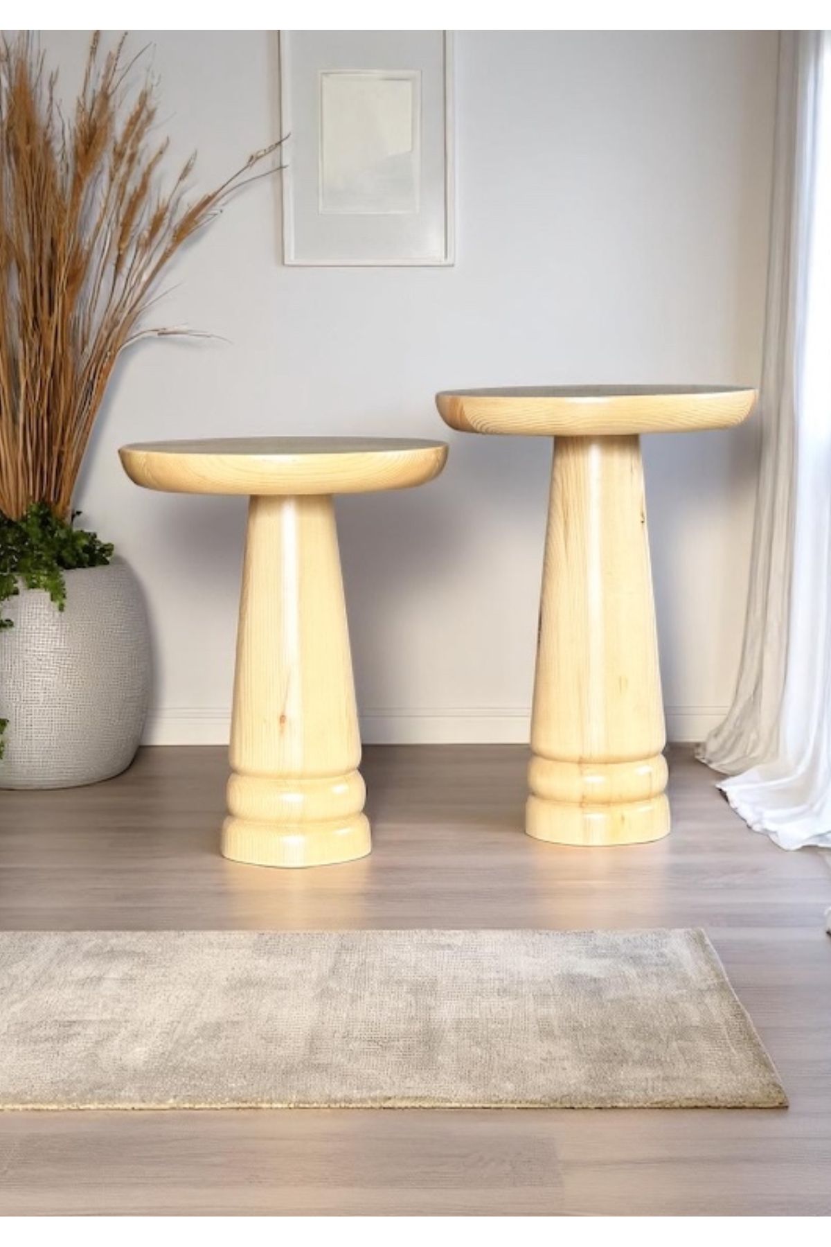 ASELYA HOME Doğal Ahşap 2’li Set Mantar Yan Sehpa Modern Vernikli Fiskos Zigon Çiçeklik