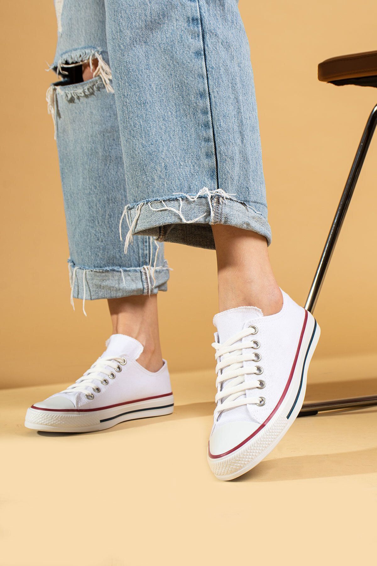 Pembe Potin Unisex Beyaz Keten Convers Model Sneaker Keten Spor Ayakkabı