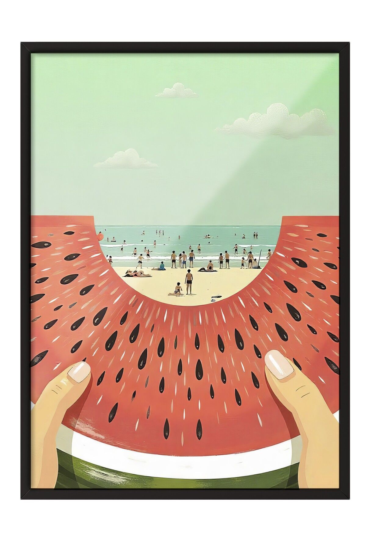 Postifull Siyah Çerçeveli Poster, Plajda Karpuz Dilimi, İllüstrasyon, Sarı Renk Poster, 2025 Yaz Seçkisi, NO:1