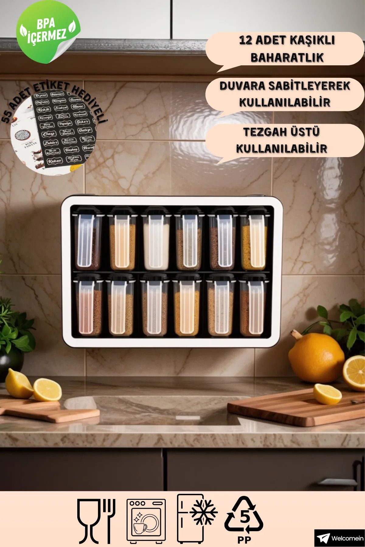 welcomein 12'li 250 ml Standlı Kendinden Yapışkanlı Tezgah Üstü ve Duvar Sabitlemeli Kaşıklı Baharatlık Seti