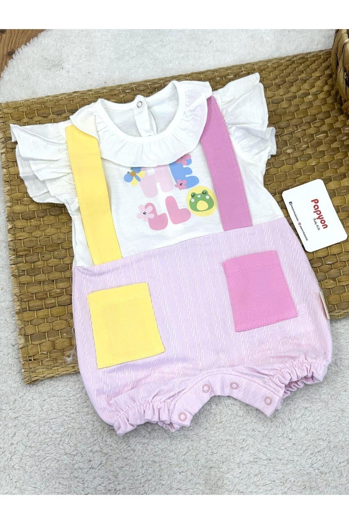 Papyon Baby Kids Hello Yakalı Cepli Kız Bebek Şort Tulum (3-6/6-9/9-12 Ay)
