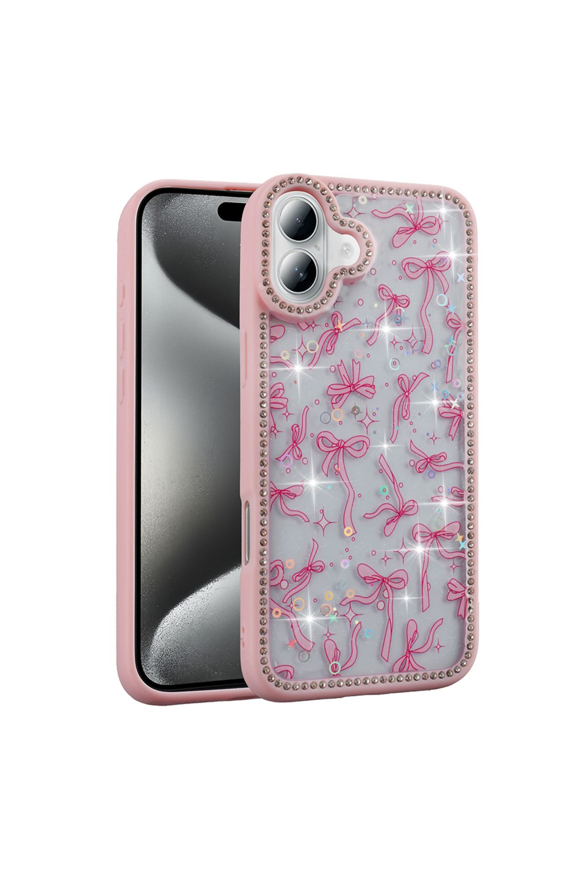 m.tk moveteck İphone 16 Plus Kılıf Kelebek Pink Fiyonk Desenli Yumuşak Simli Taşlı Kenarlı Kamera Korumalı Kapak