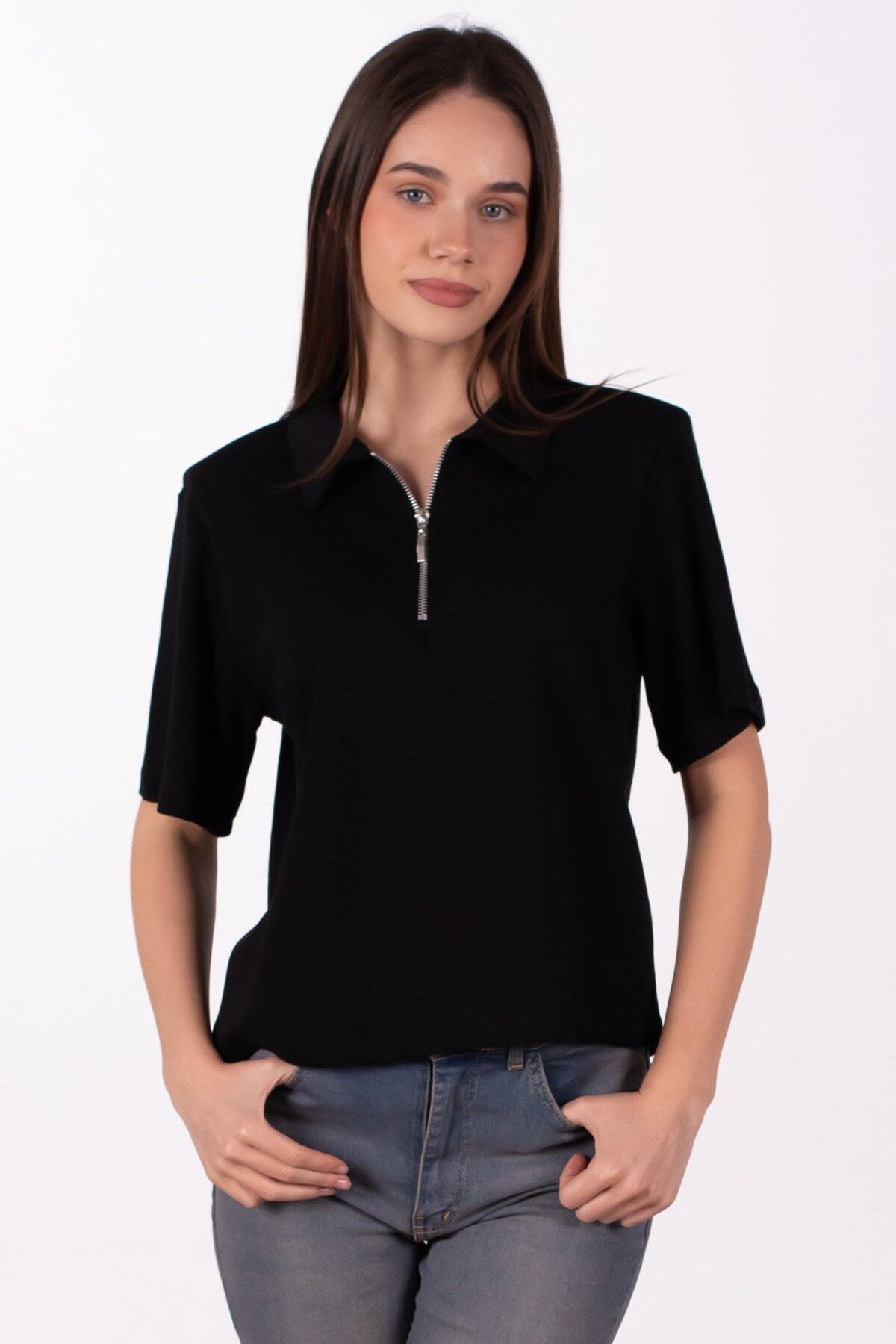 BARRELS AND OIL Vatkalı Fermuarlı Polo Yaka T-Shirt - Siyah
