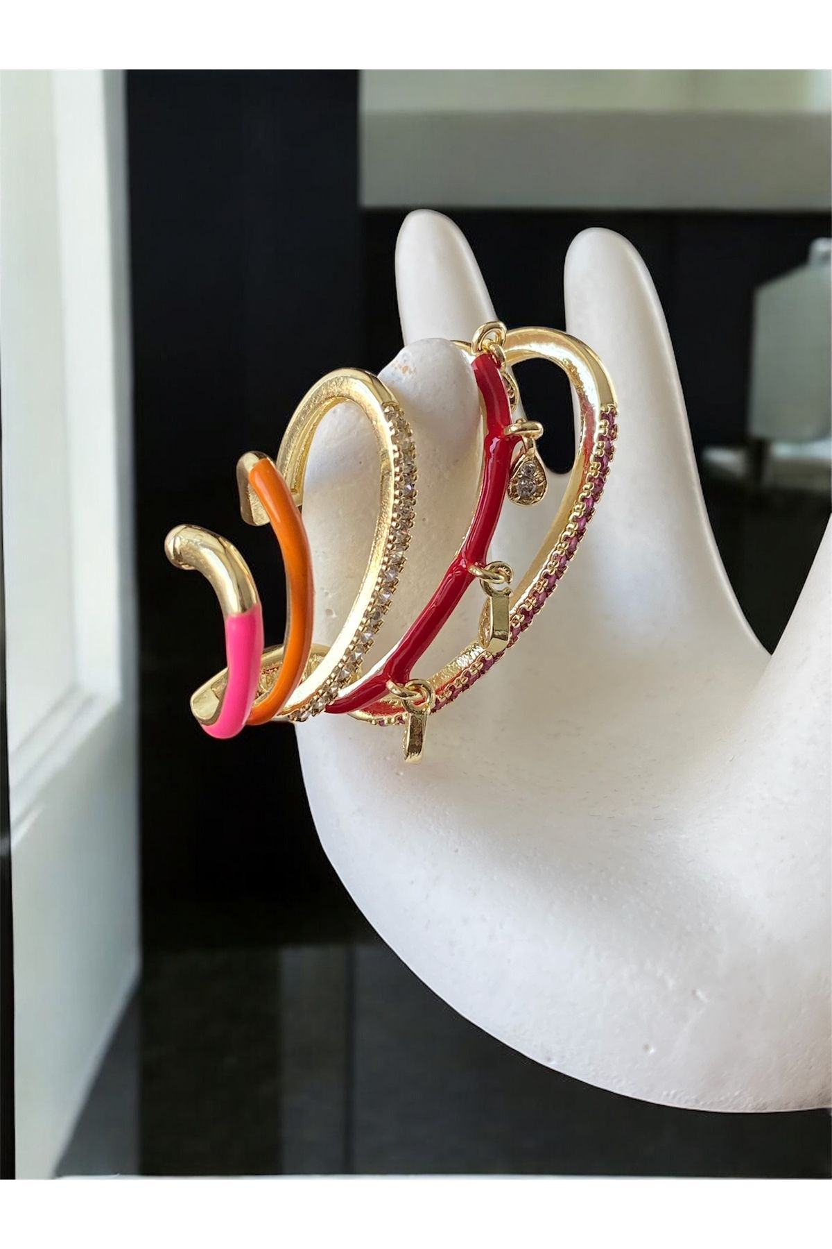 Vadısh store Zirkon Taş Detaylı Pembe Ear Cuff, Kıkırdak Küpe