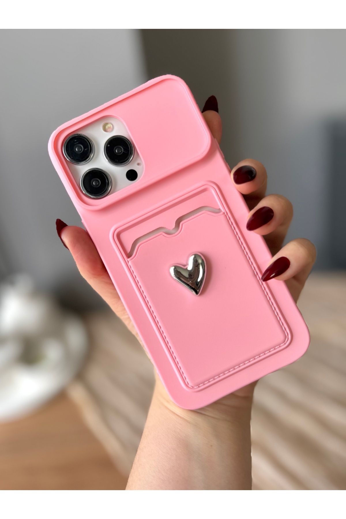 MirazTasarim IPHONE 13 PRO MAX 3D GÜMÜŞ KALPLİ KARTLIKLI KILIF