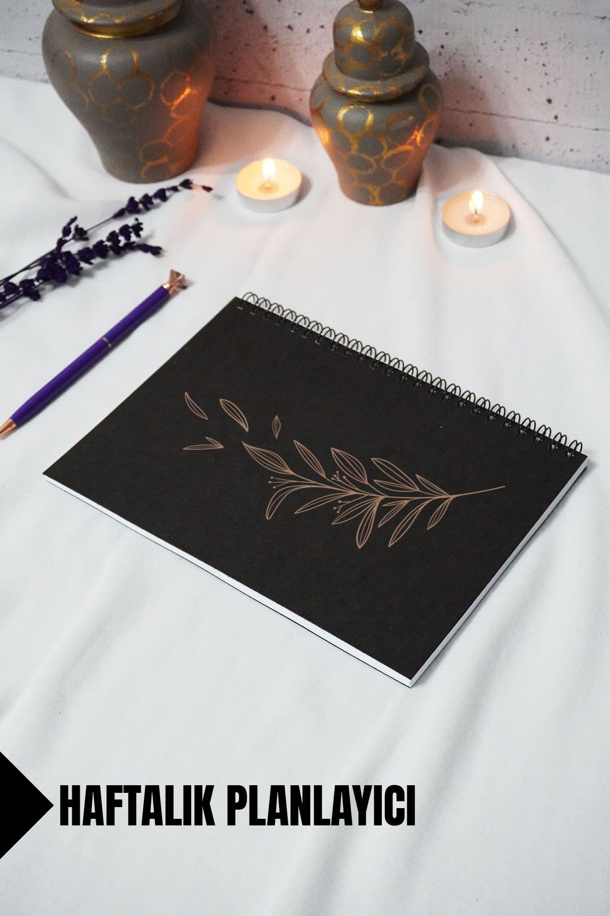 markcat A5 Yaprak Temalı Siyah Kraft Kapaklı Defter - Haftalık Planlayıcı - 52 Yaprak 15x21 Cm
