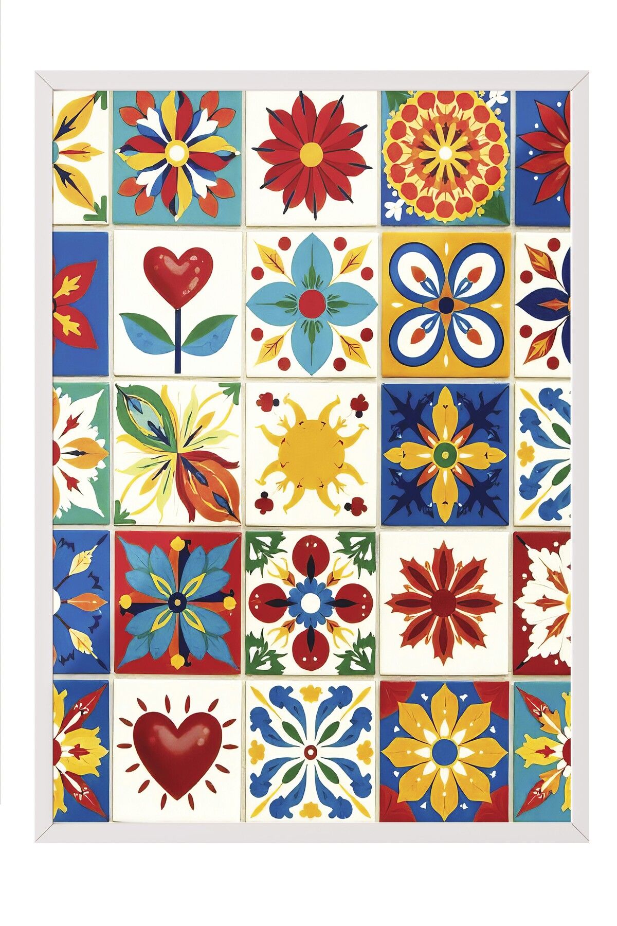 Postifull Beyaz Çerçeveli Poster Tablo, Karışık Renkli Kareler, İllüstrasyon, Maximalist, Kırmızı Renk Poster,