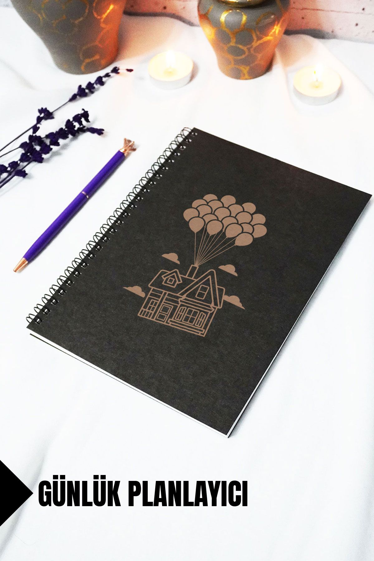 markcat A5 Uçan Ev Temalı Siyah Kraft Kapaklı Defter - Günlük Planlayıcı - 45 Yaprak (90 SAYFA) 15x21 Cm